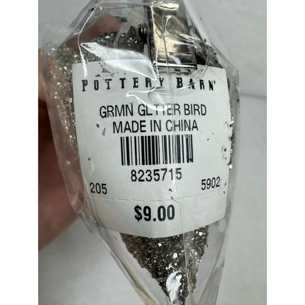 New Pottery Barn Glitter Bird Ornament Silver Christmas Decor Clip